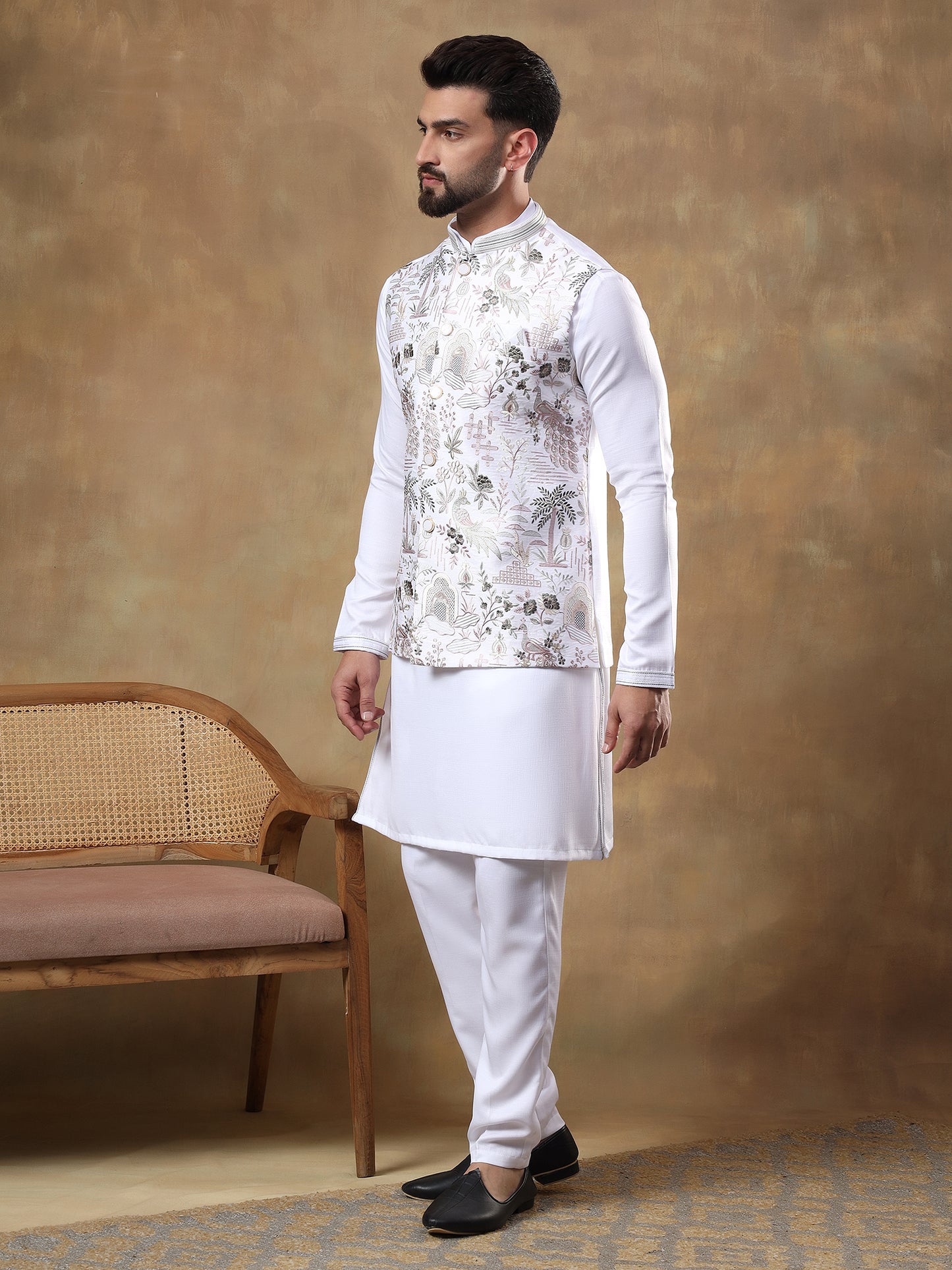Warm White Peacock Embroidered Kurta Jacket Set