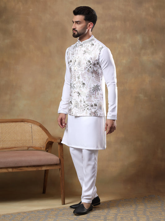 Warm White Peacock Embroidered Kurta Jacket Set