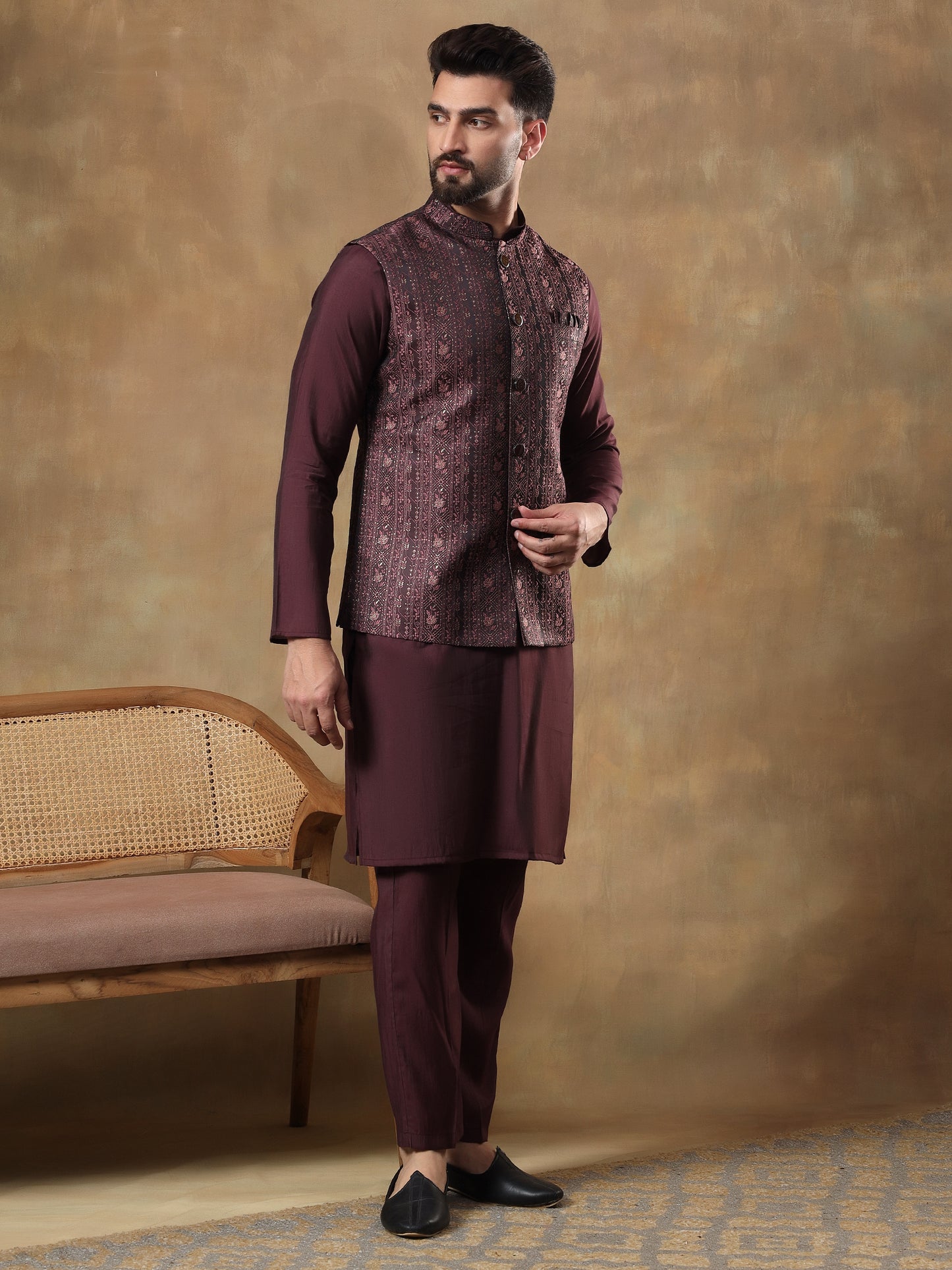 GRAPE WINE BEL BUTI PATTERNED KURTA JACKET SET