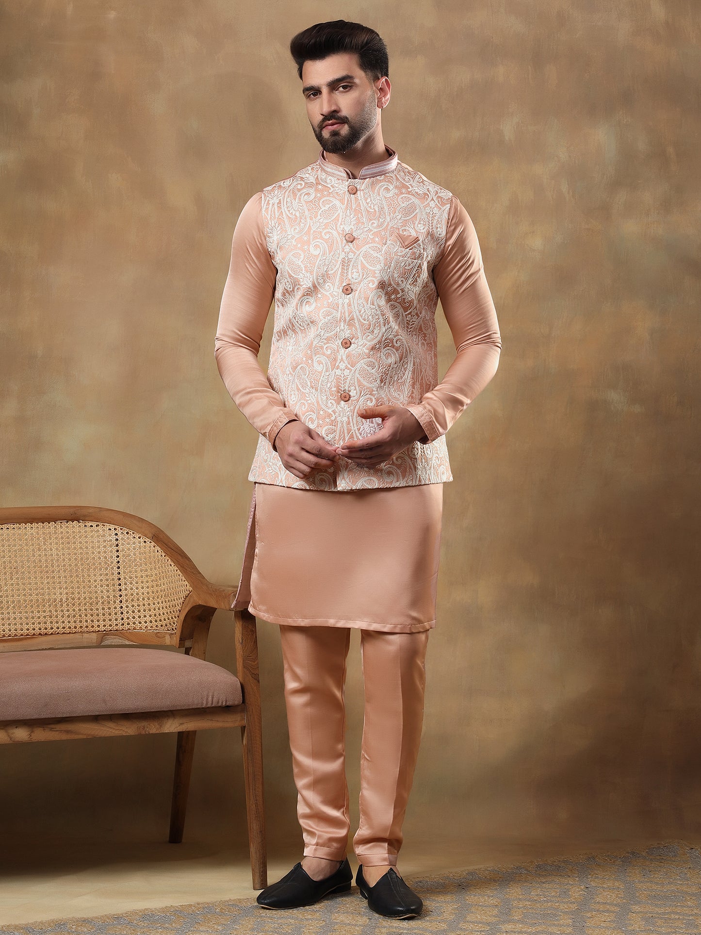 LIGHT PEACH MOTIFS EMBOIDERY JACKET SET WITH PEACH KURTA