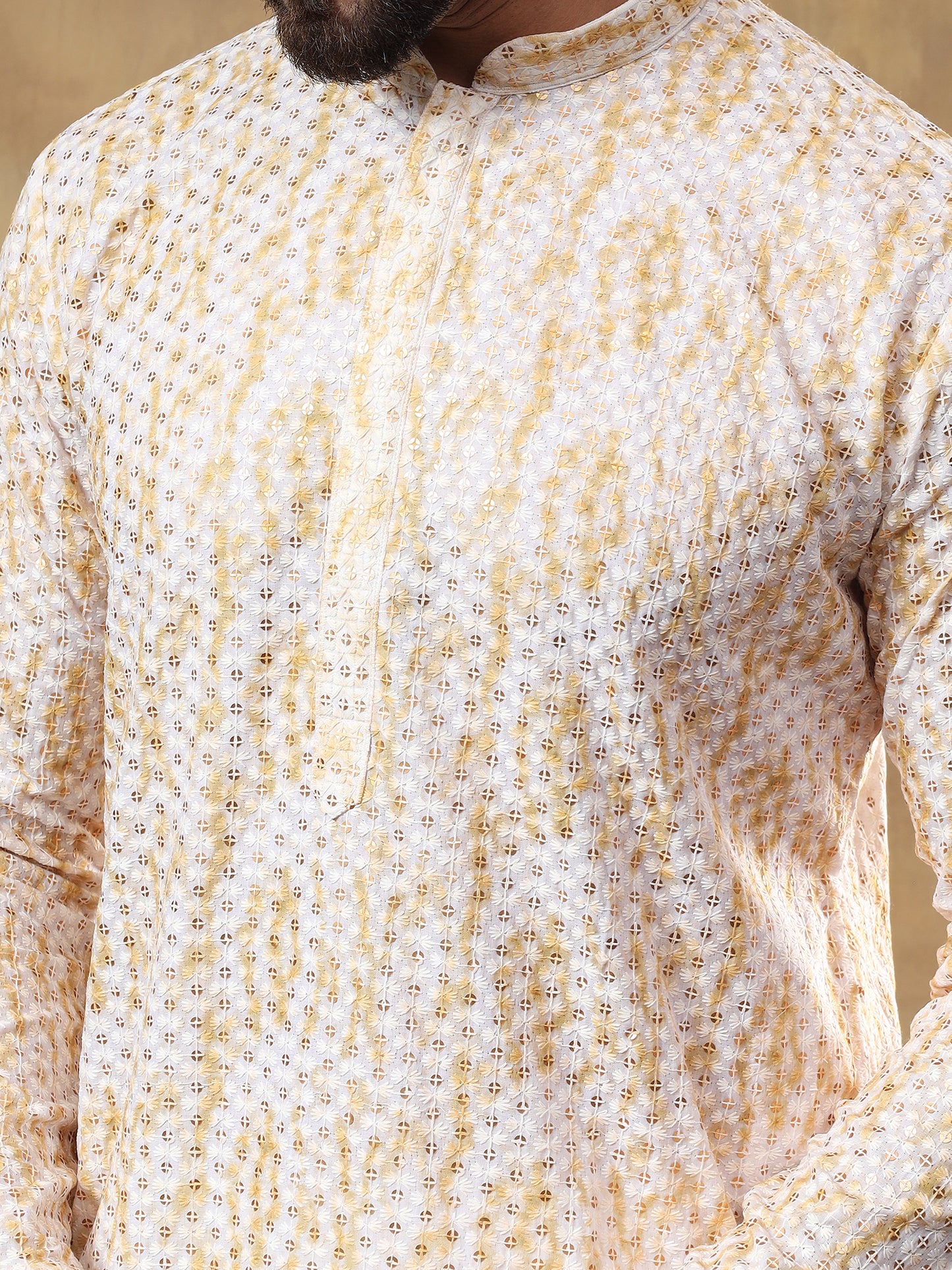 CREAM CHIKANKARI SEQUINNED KURTA WITH MUSTARD PRINT PATTERN