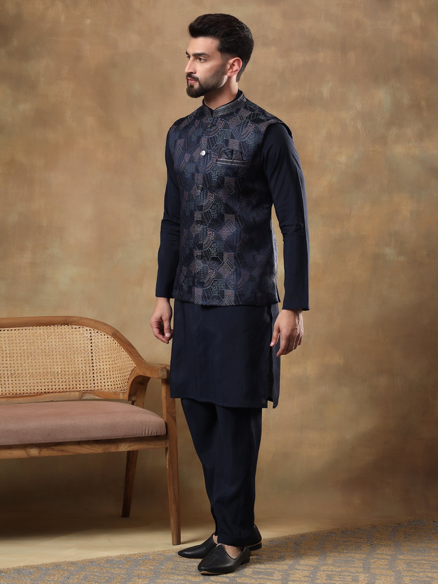 IMPERIAL BLUE GRID PATTERNED KURTA JACKET SET