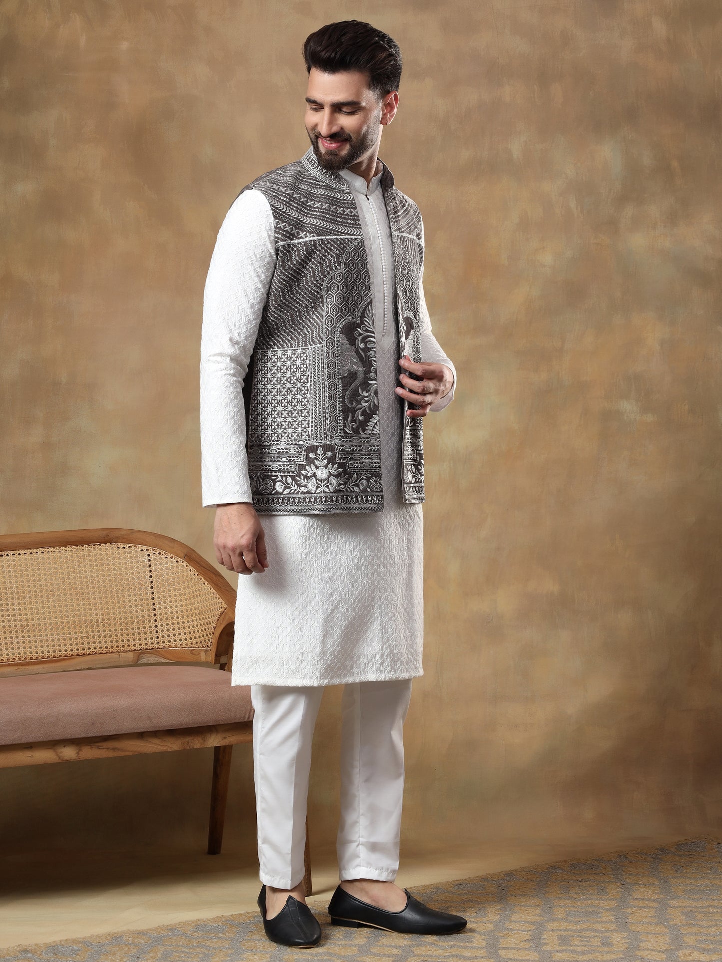 DARK GREY THREAD EMBROIDERED JACKET WITH CHIKANKARI KURTA SET