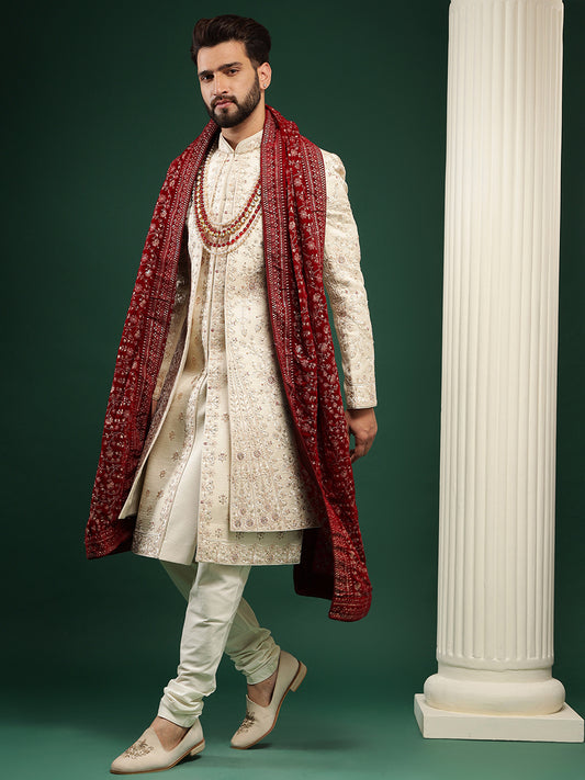 Pale Gold Jacket Style Sherwani With All Over Work