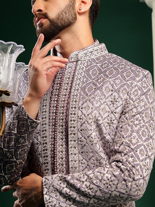 Mauve Purple Phulkari Patterned Indowestern Set