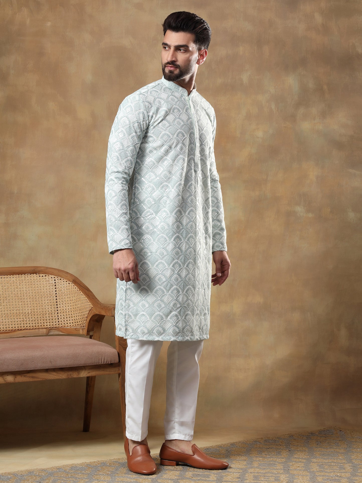 PISTACHIO GREEN SELF PATTERNED KURTA SET