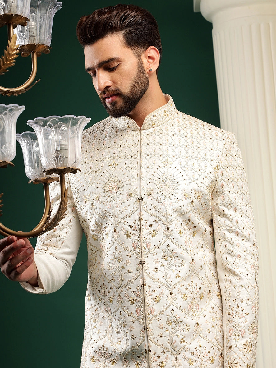 Pearl White Sherwani With Peach Motifs