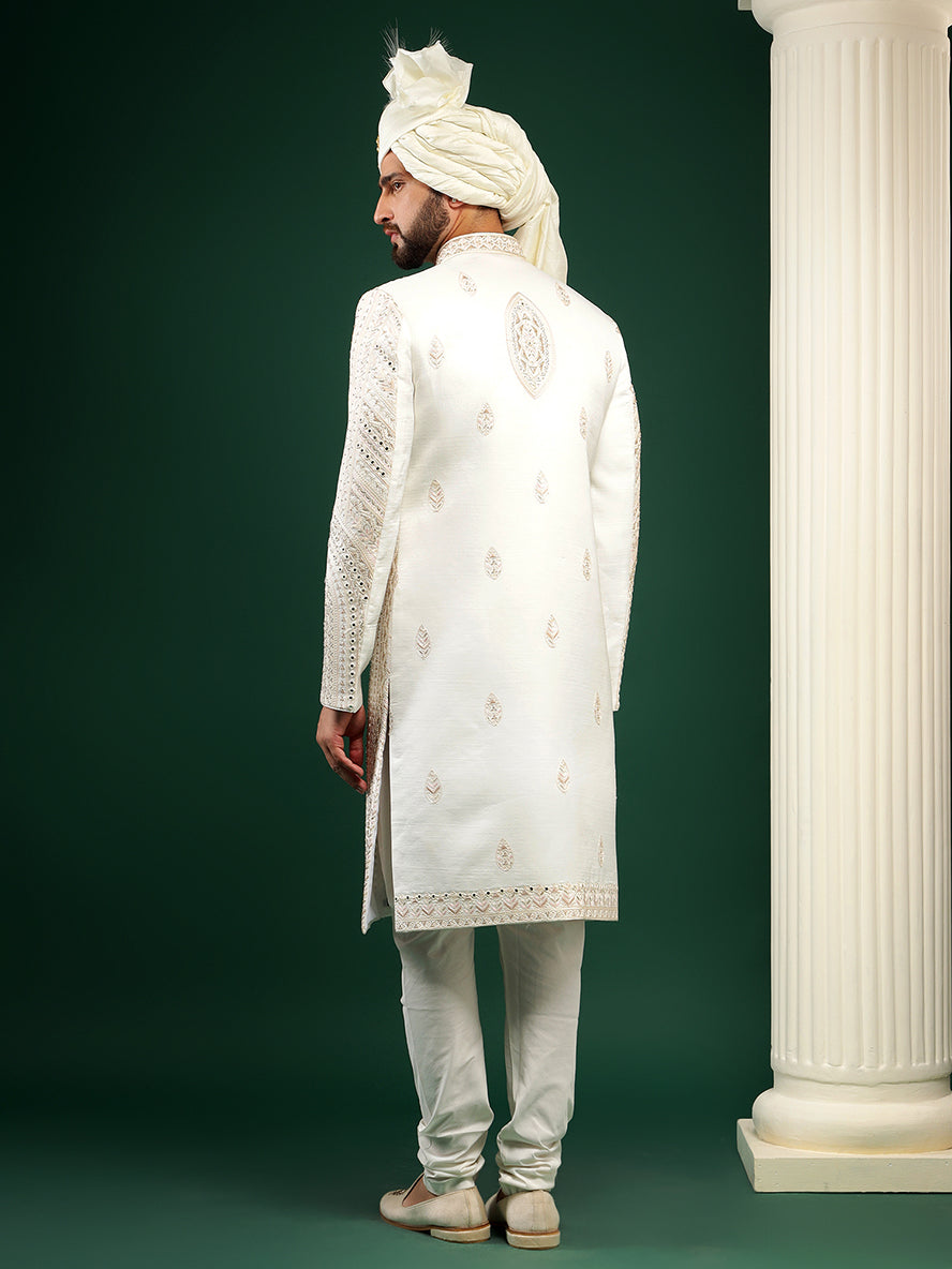 Off White Color Mirror Embellished Sherwani Set