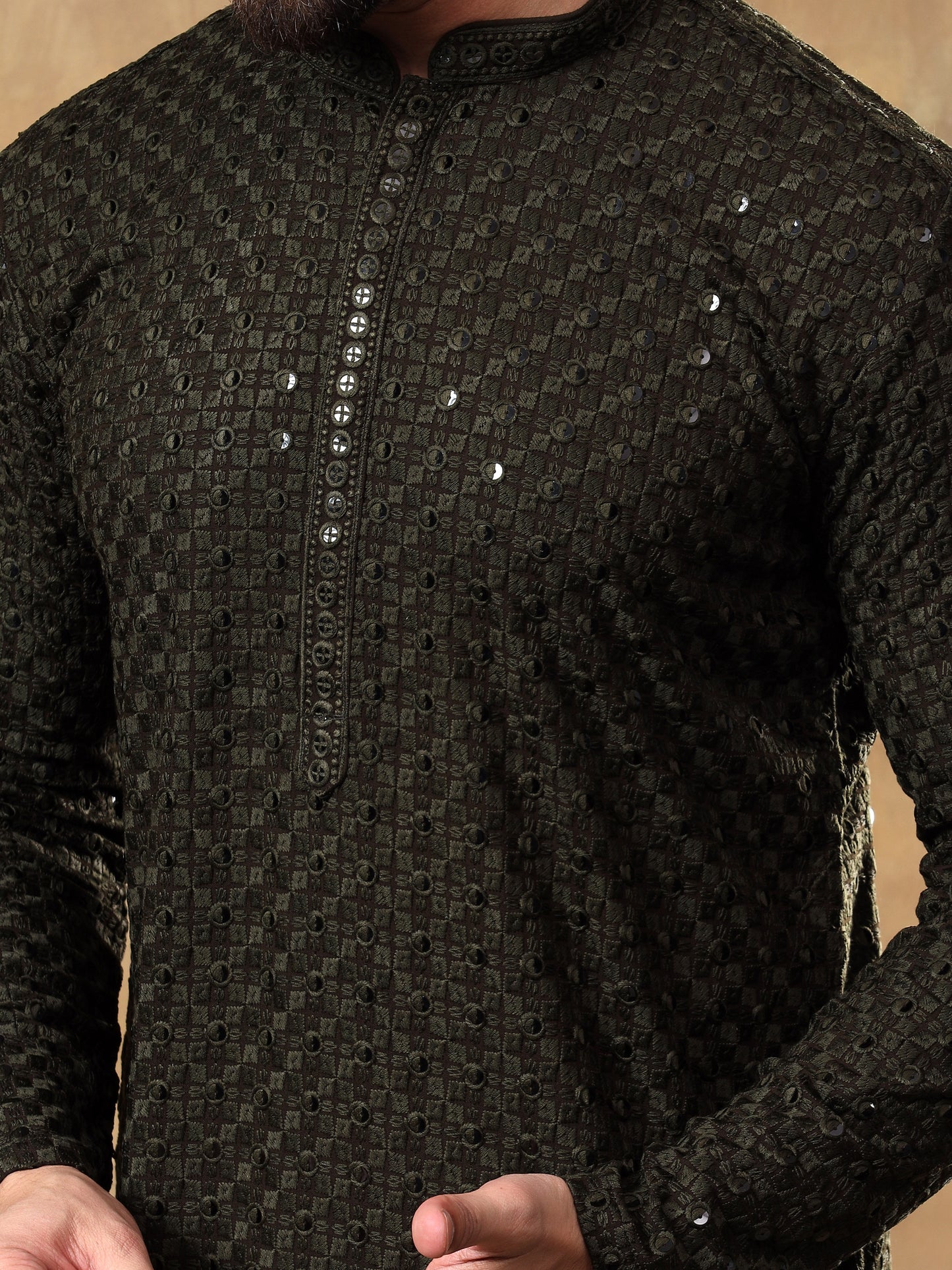 OLIVE GREEN SELF PATTERNED SEQUINSWORK KURTA SET