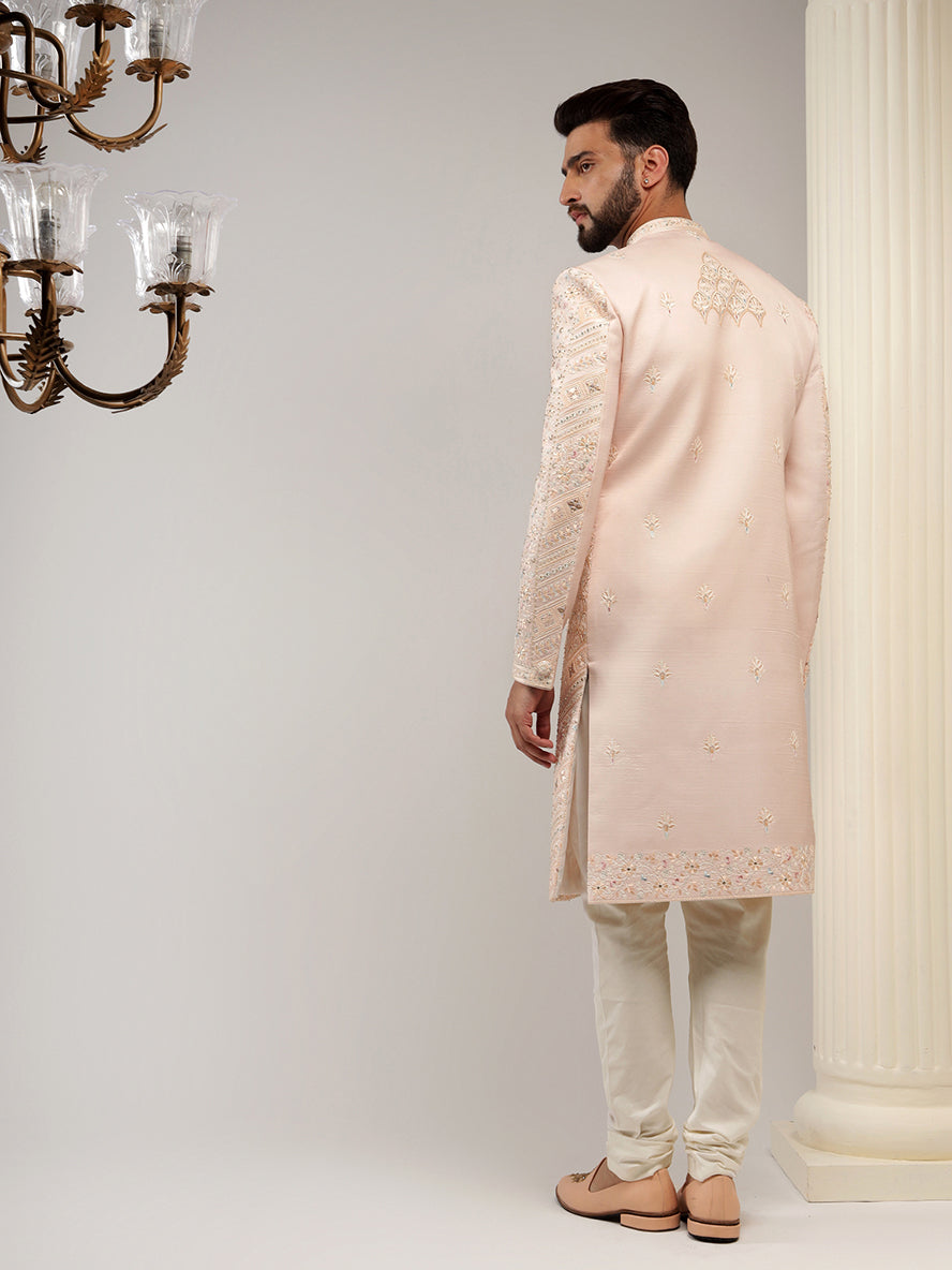 Peach Color Embroidery Sherwani Set