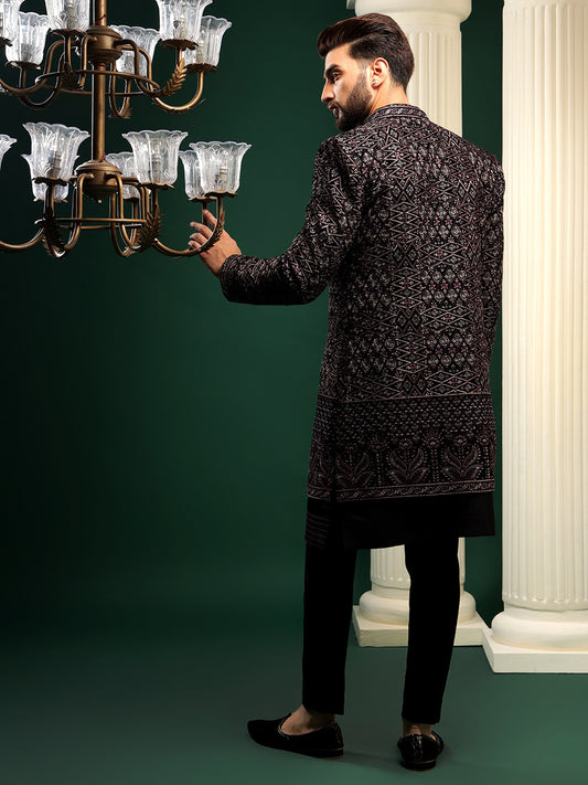 Midnight Black Traditional Patterned Indowestern Set