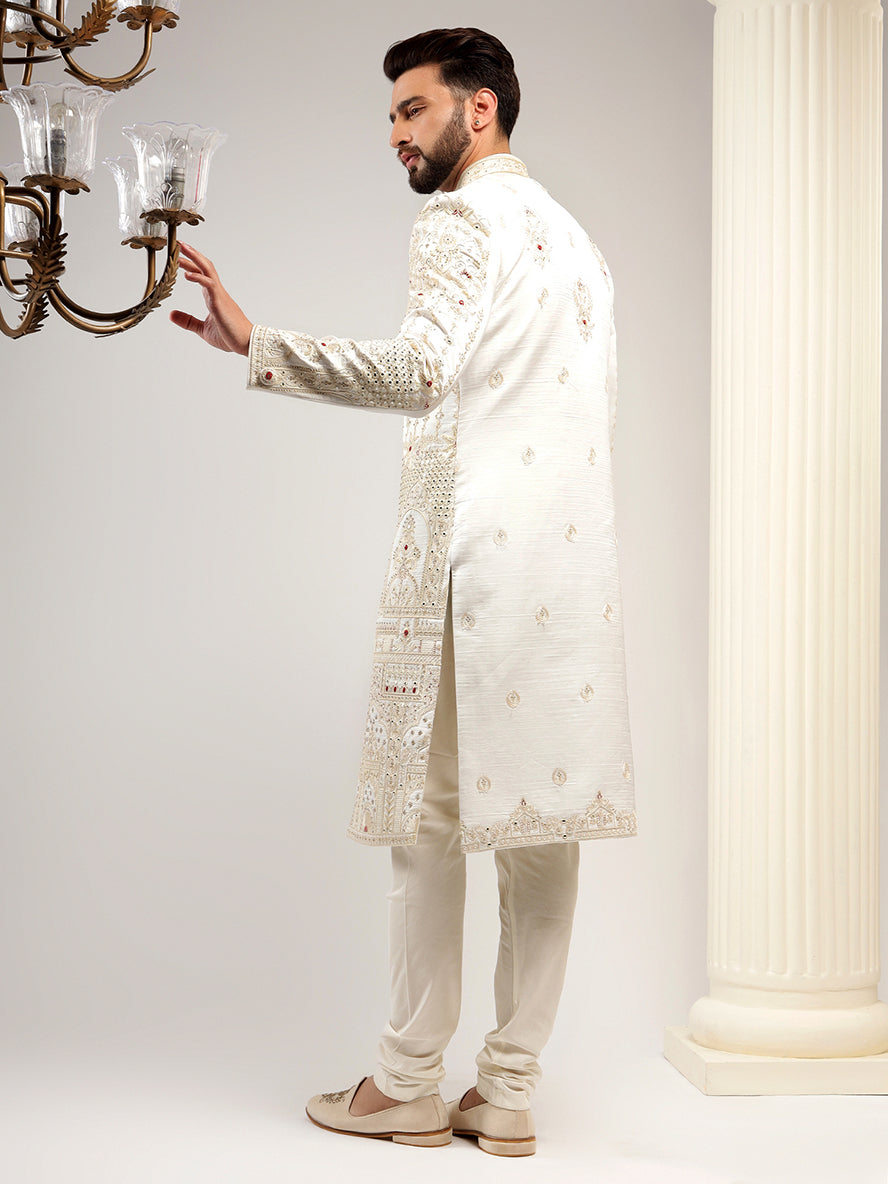 Elegant Off White Raw Silk Sherwani Set