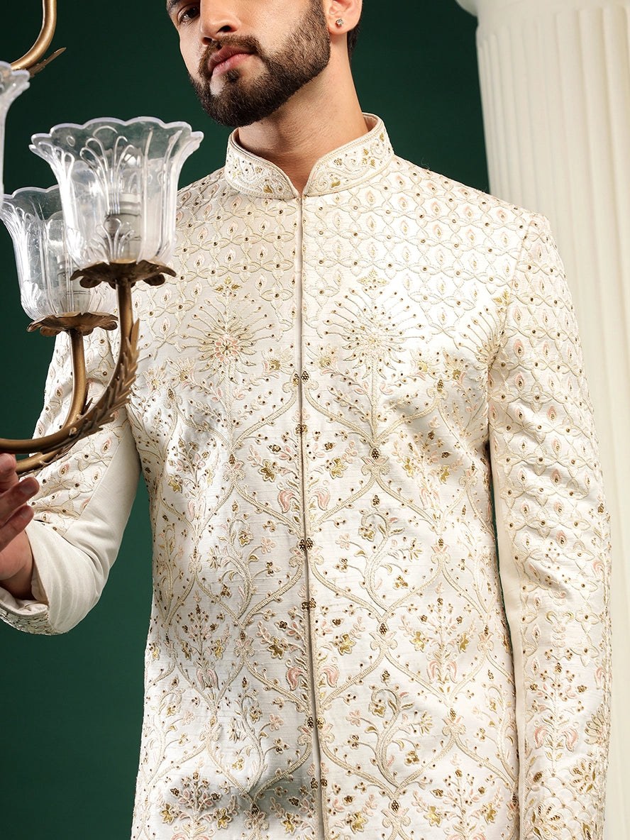 Pearl White Sherwani With Peach Motifs
