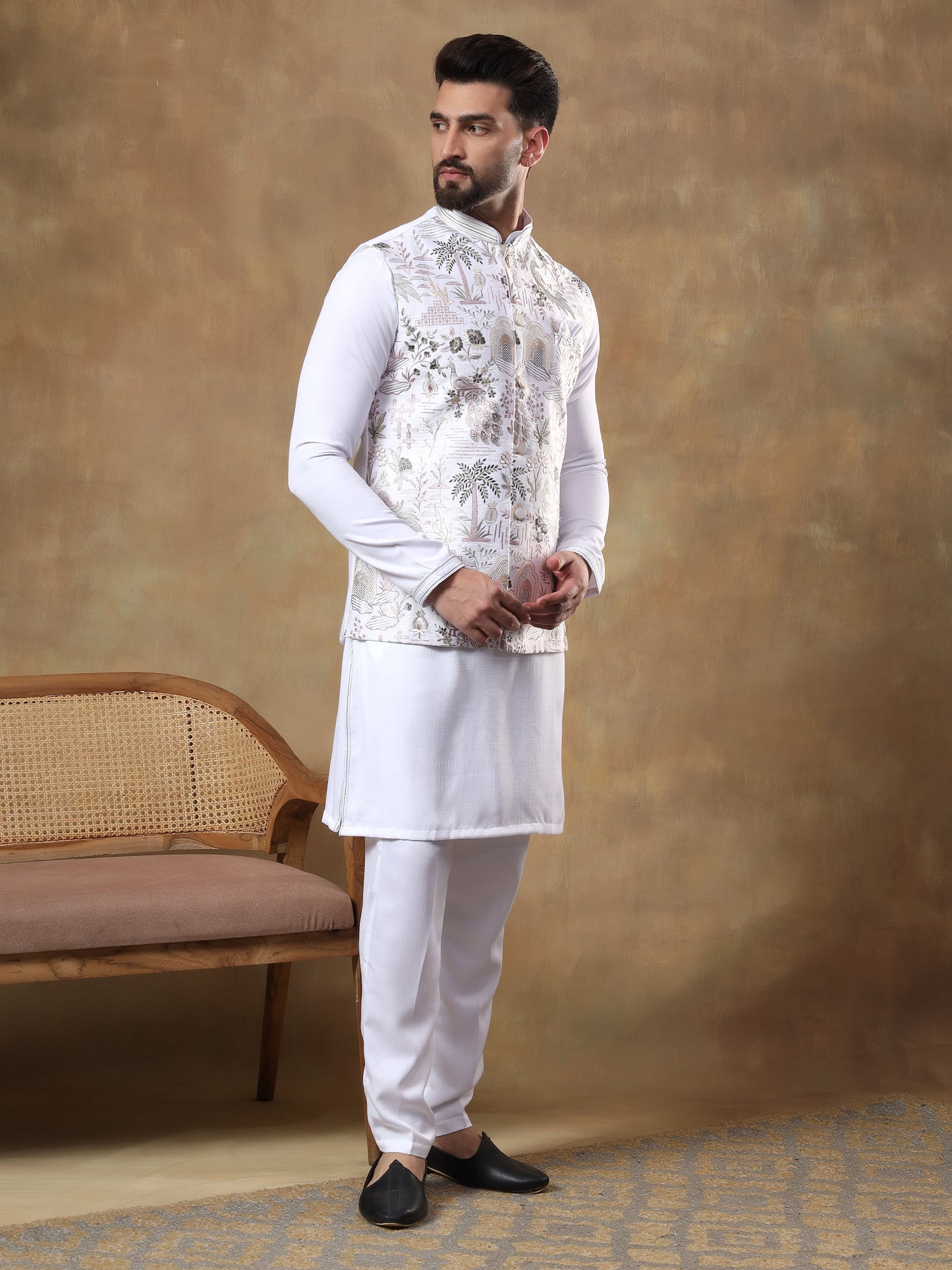 Warm White Peacock Embroidered Kurta Jacket Set
