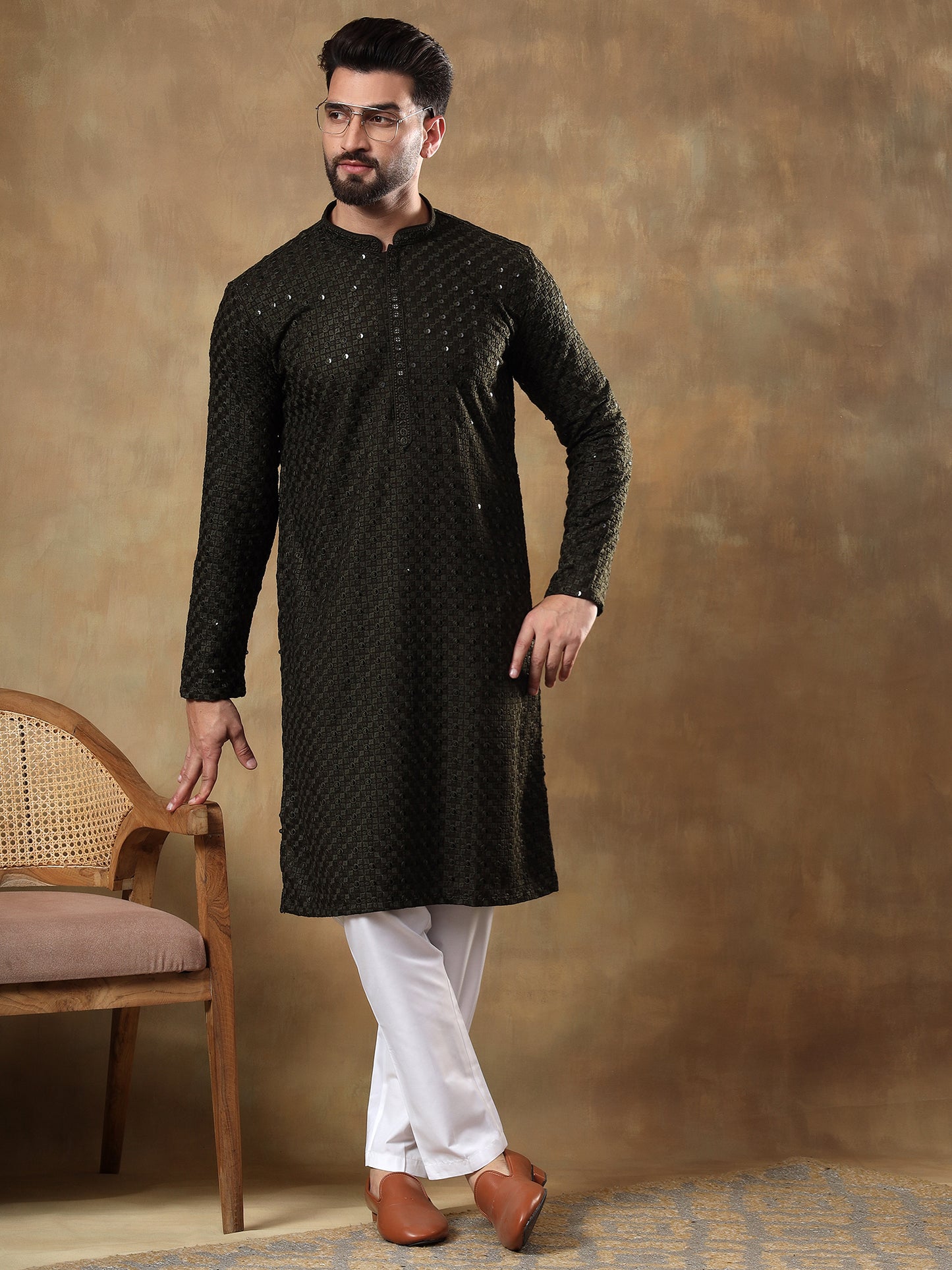 OLIVE GREEN SELF PATTERNED SEQUINSWORK KURTA SET