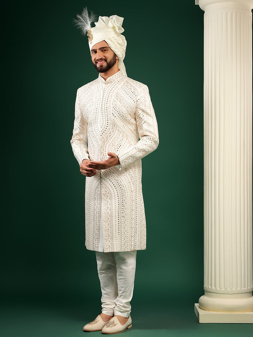 Off White Color Mirror Embellished Sherwani Set