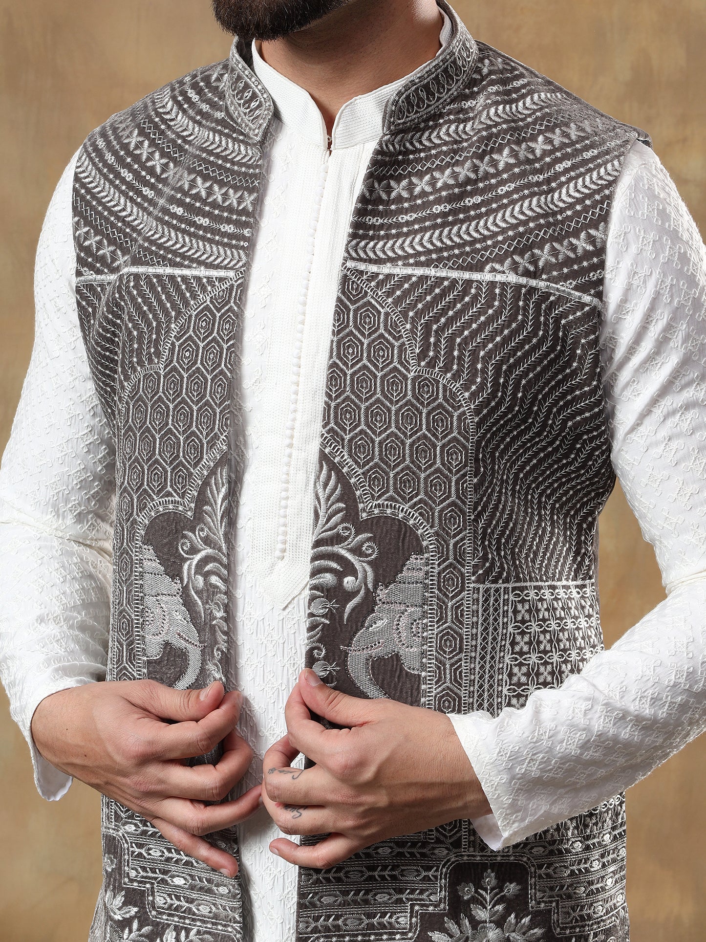 DARK GREY THREAD EMBROIDERED JACKET WITH CHIKANKARI KURTA SET