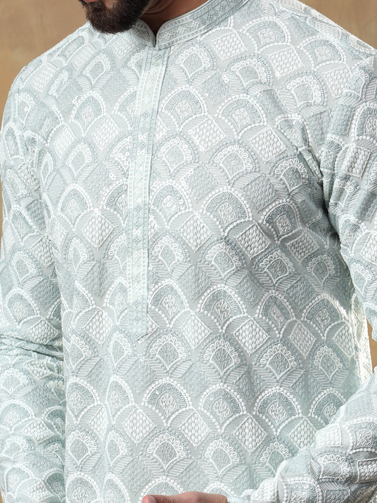 PISTACHIO GREEN SELF PATTERNED KURTA SET