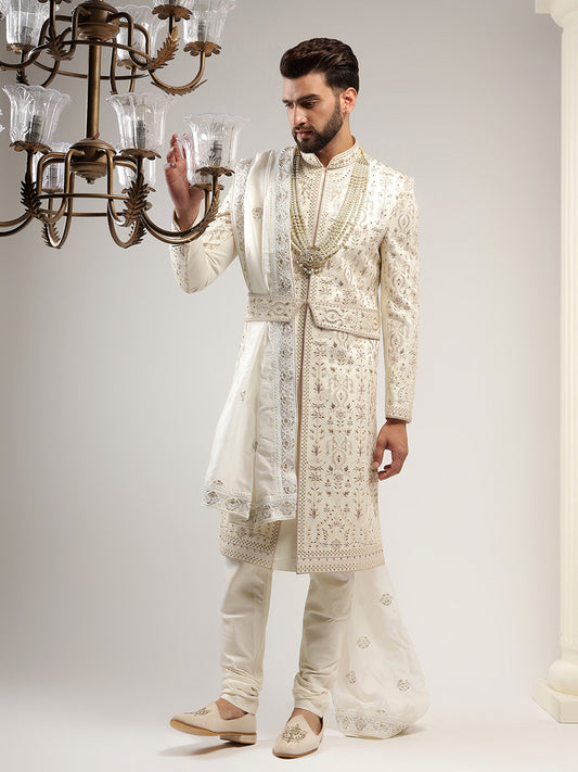 Light Cream Sherwani With Grape Purple Embroidery