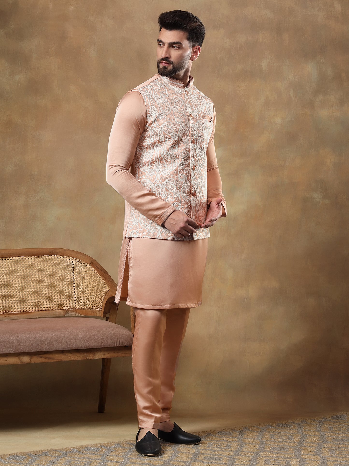 LIGHT PEACH MOTIFS EMBOIDERY JACKET SET WITH PEACH KURTA