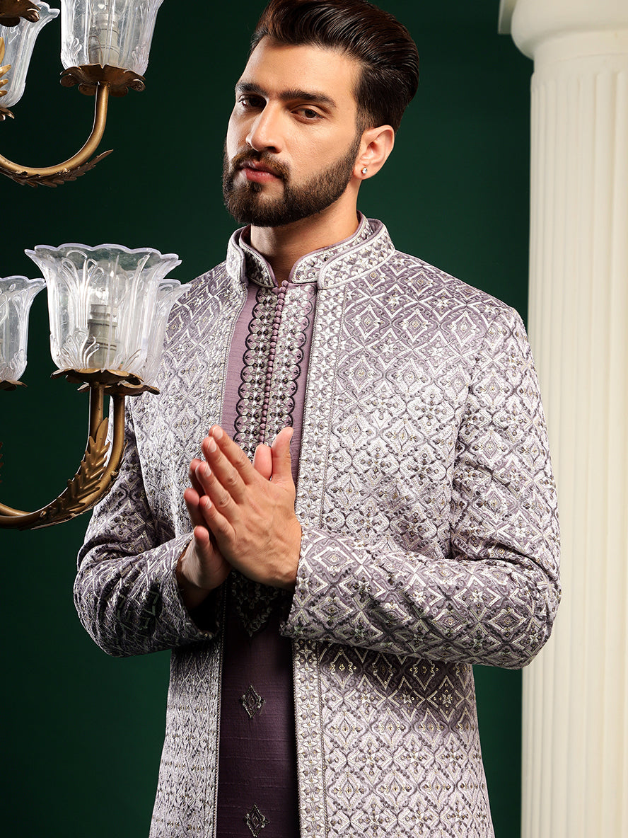 Mauve Purple Phulkari Patterned Indowestern Set