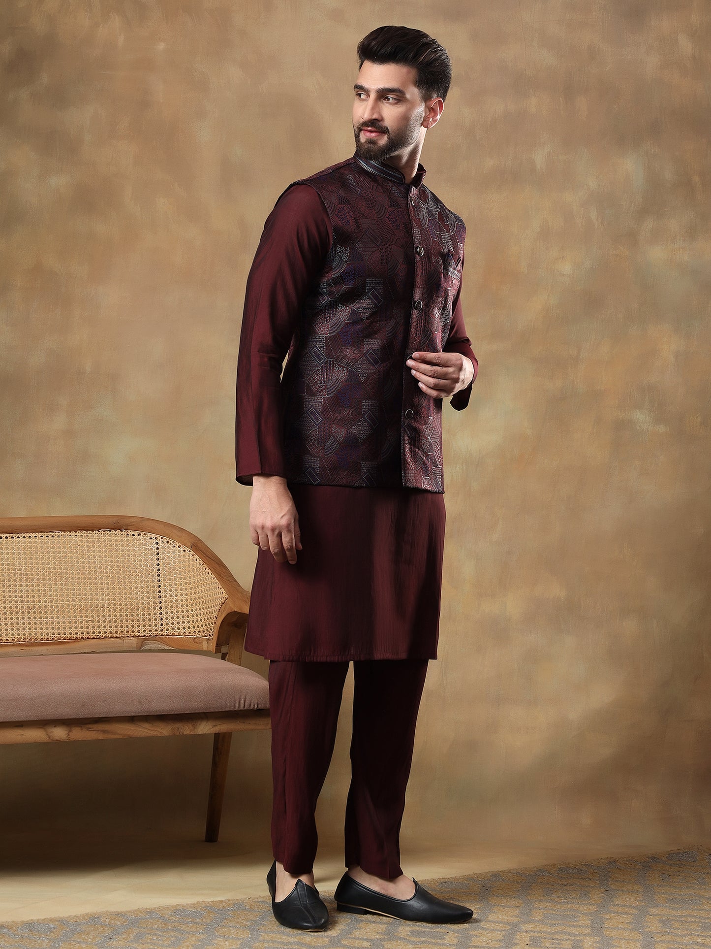Deep Wine Grid Patterned Kurta Set
