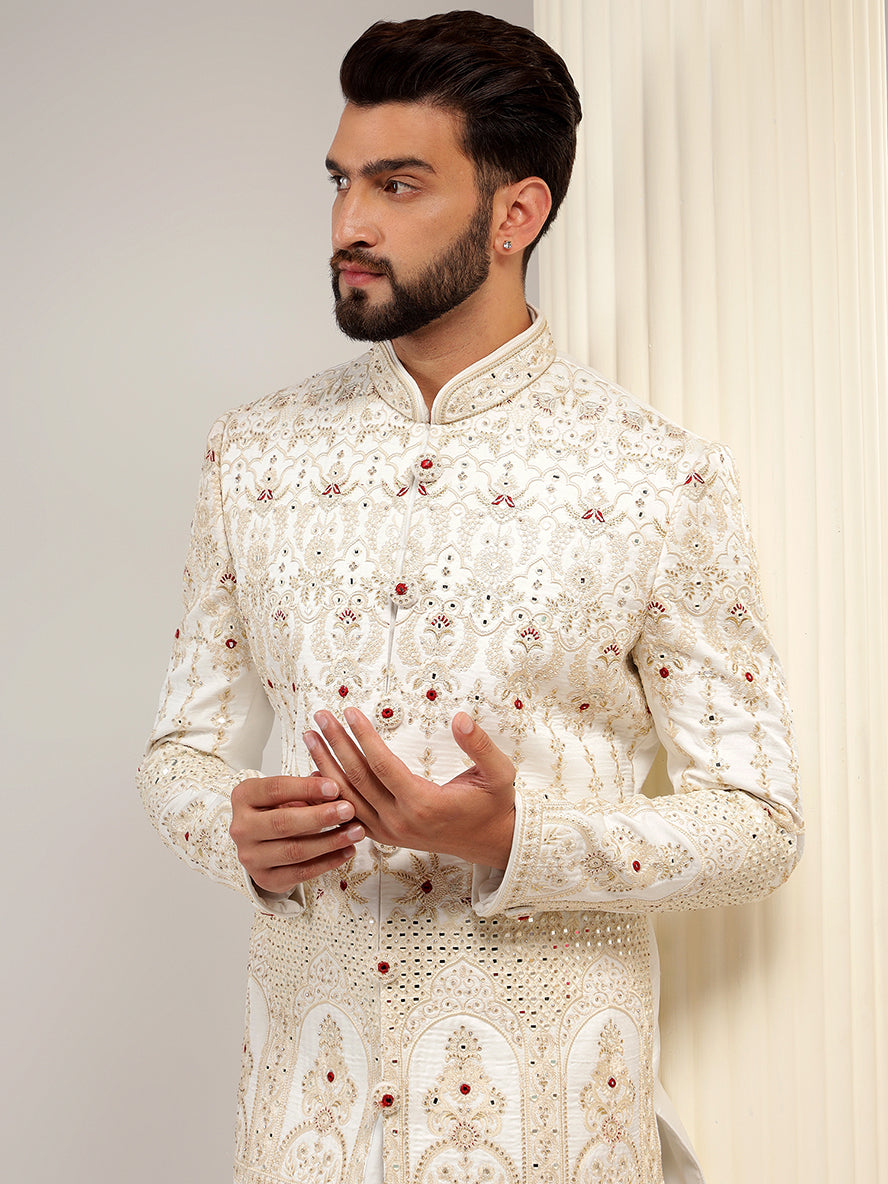 Elegant Off White Raw Silk Sherwani Set