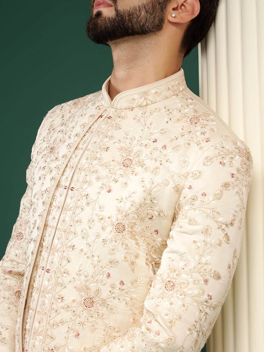 Pale Gold Jacket Style Sherwani With All Over Work