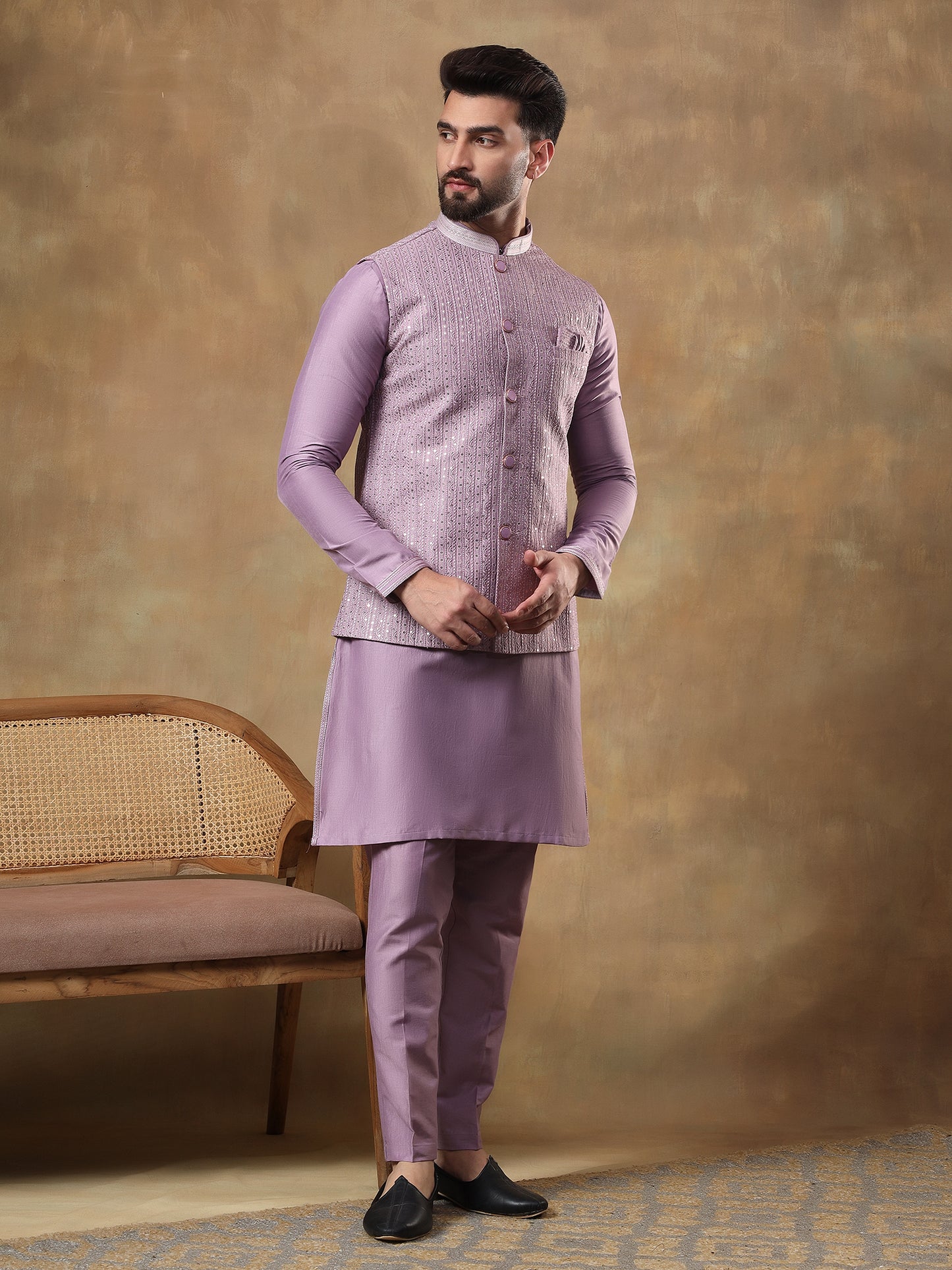 DUSTY LILAC BELBUTI EMBROIDERED JACKET WITH KURTA SET