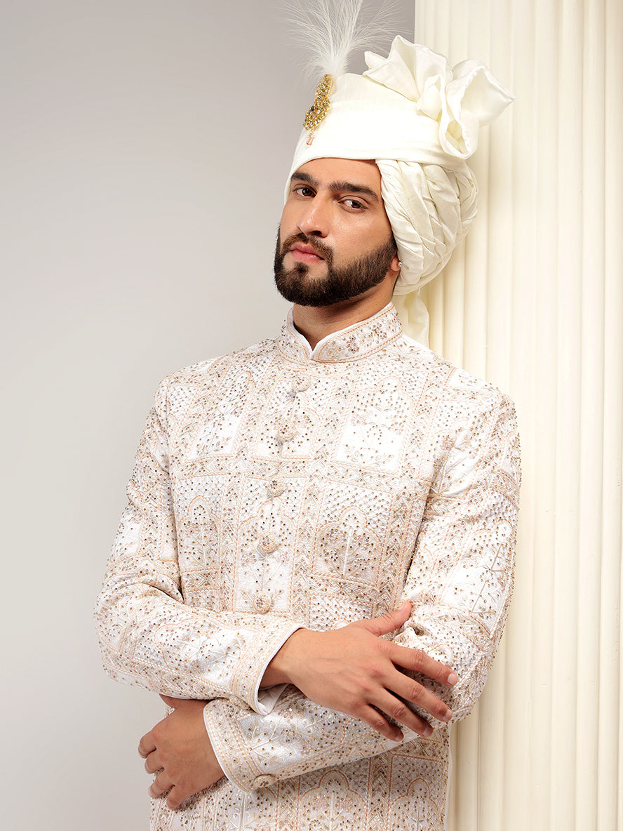 Enchanting Cream Color Self Embroidered Sherwani Set