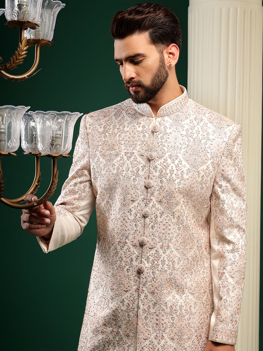 Powder pink raw silk sherwani set