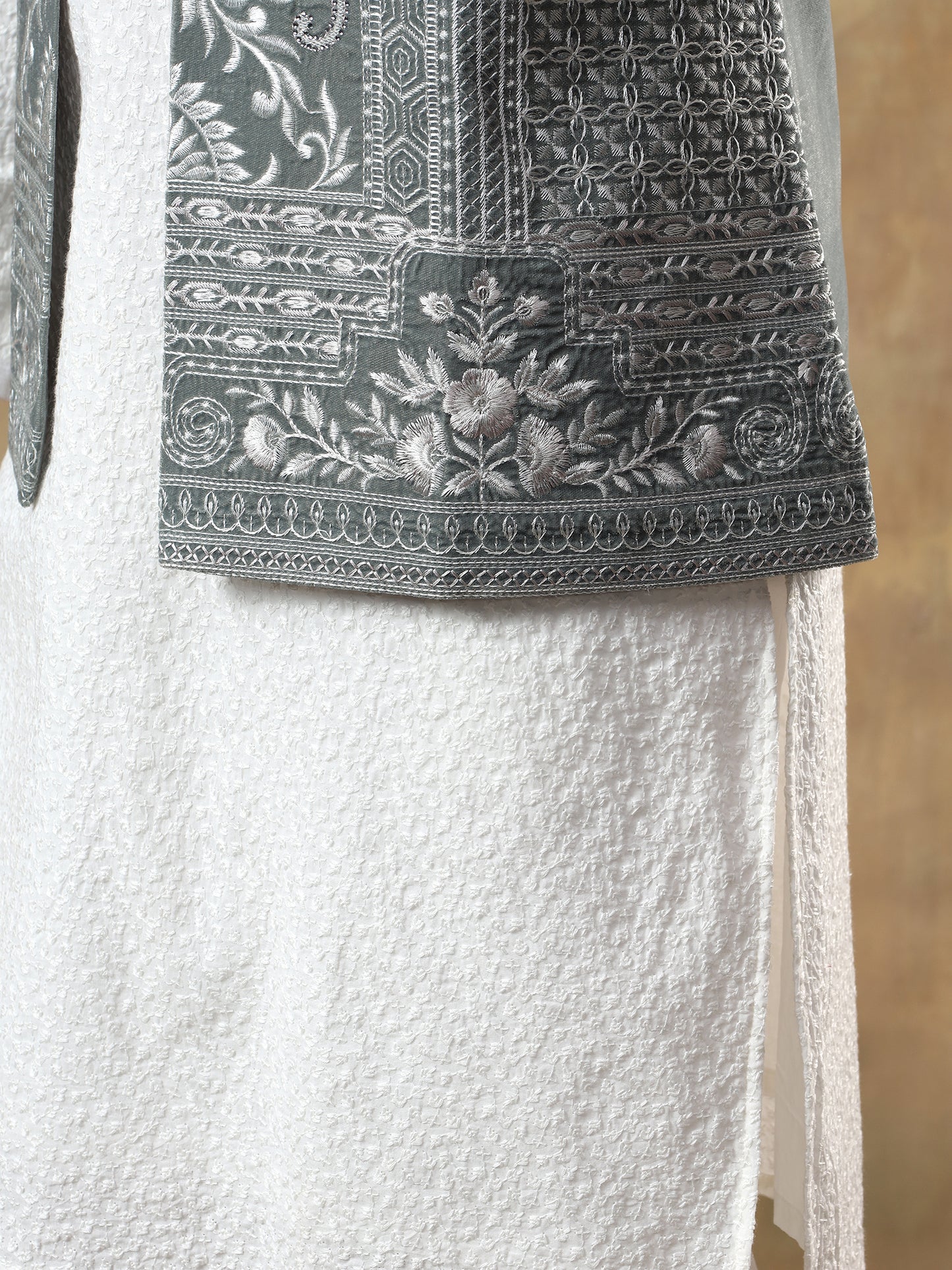 FERN GREEN THREAD EMBROIDERED JACKET WITH WHITE CHIKANKARI KURTA SET