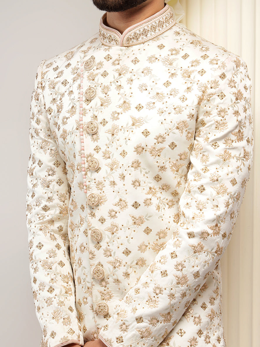 Pearled Ivory Floral Patterned Angrakha Style Sherwani Set