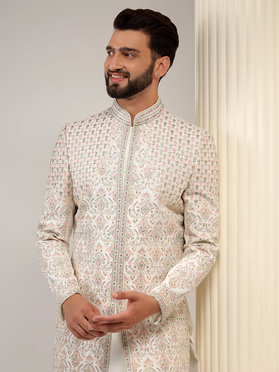Pearl White Sherwani With Blush Pink Embroidery