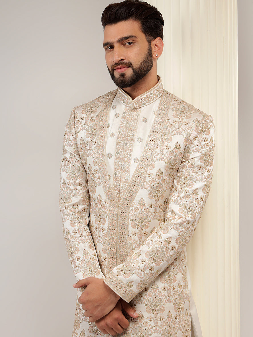 Stylish Cream Silk Groom Sherwani With Threadwork Embroidery