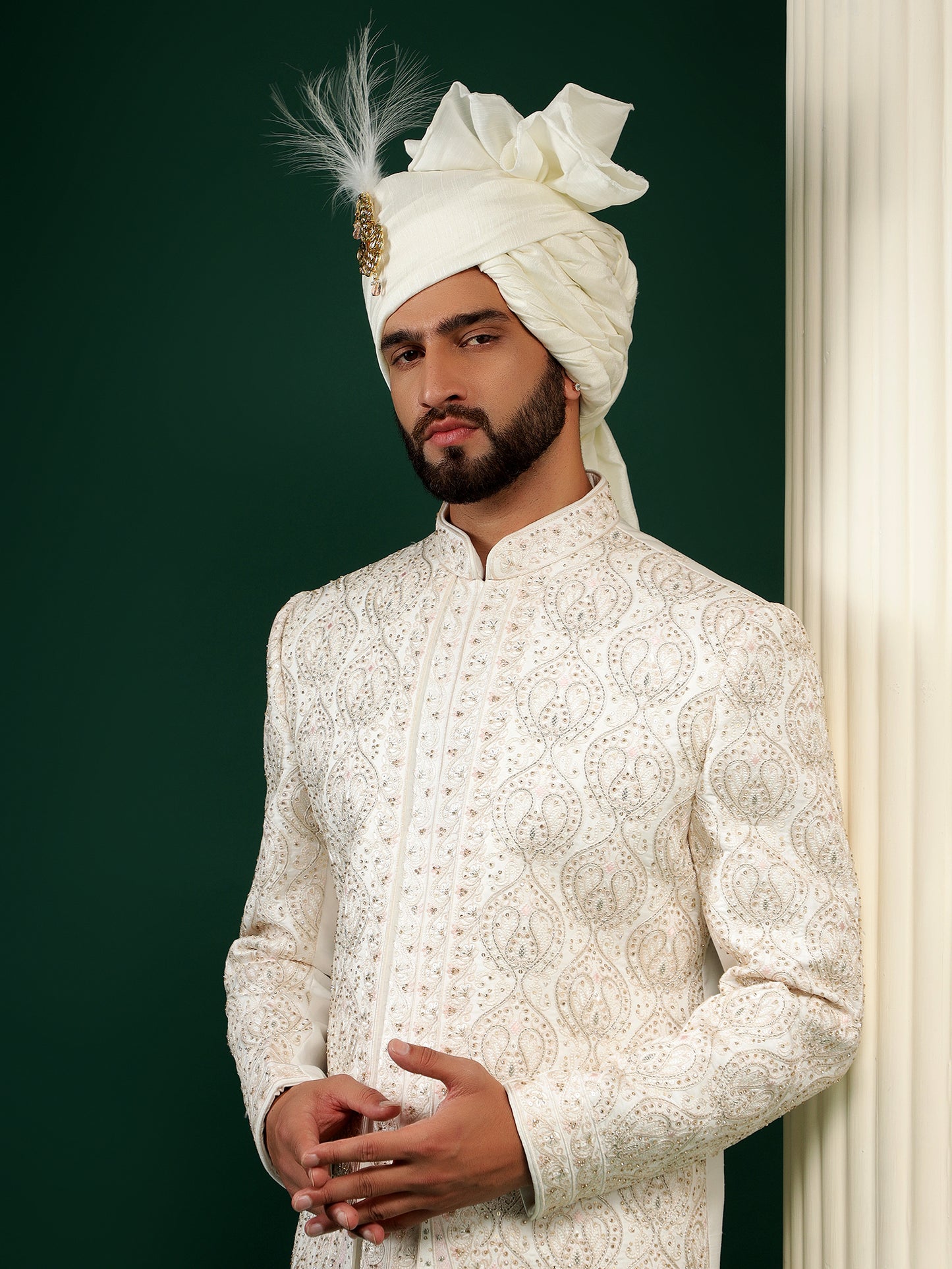 Pearl White Achkan Style Traditional Embroidery Sherwani