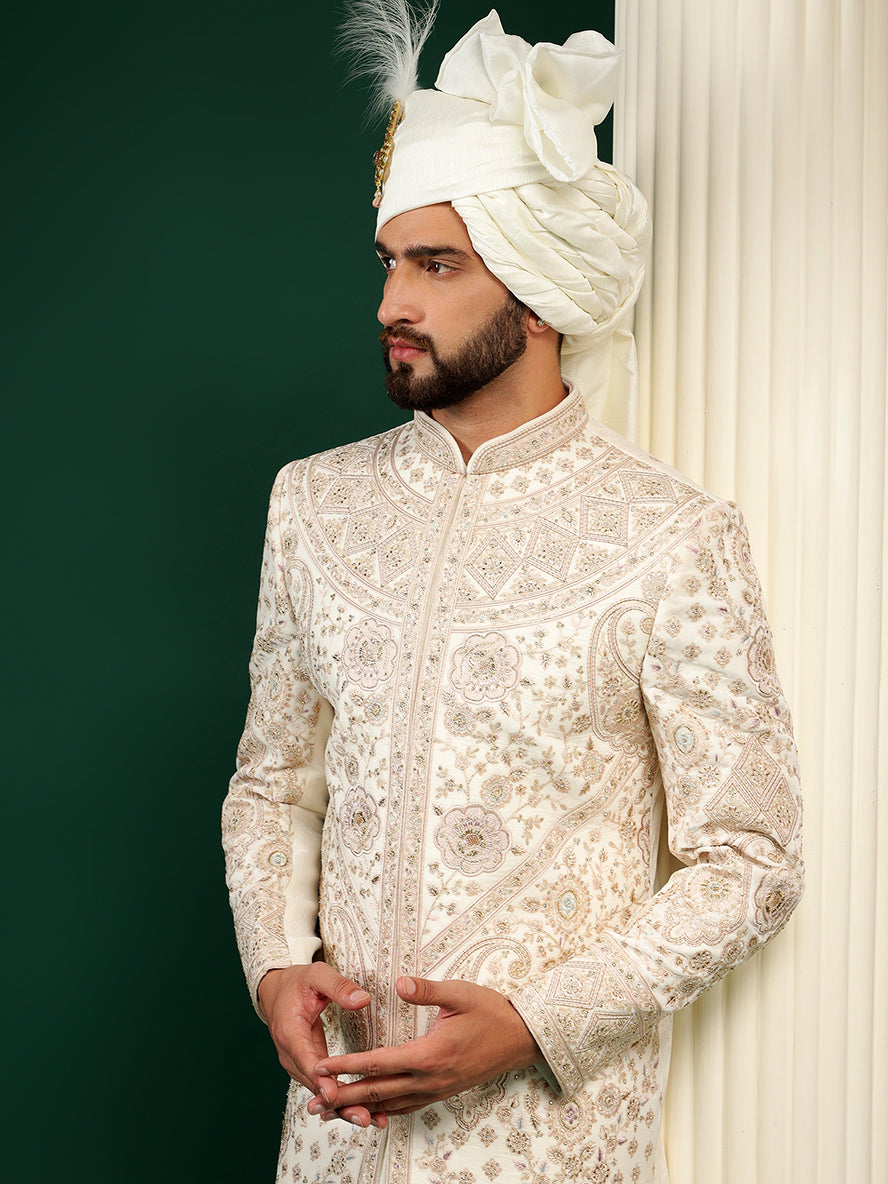 Pastel Cream Paisley Pattern Sherwani Set