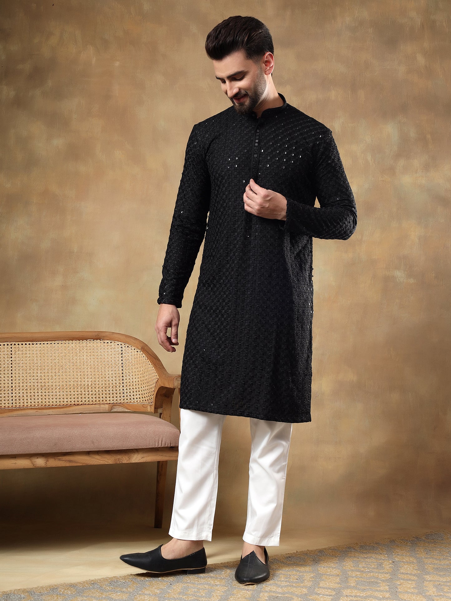 Royal Black Chikankari Seqinned Kurta Set