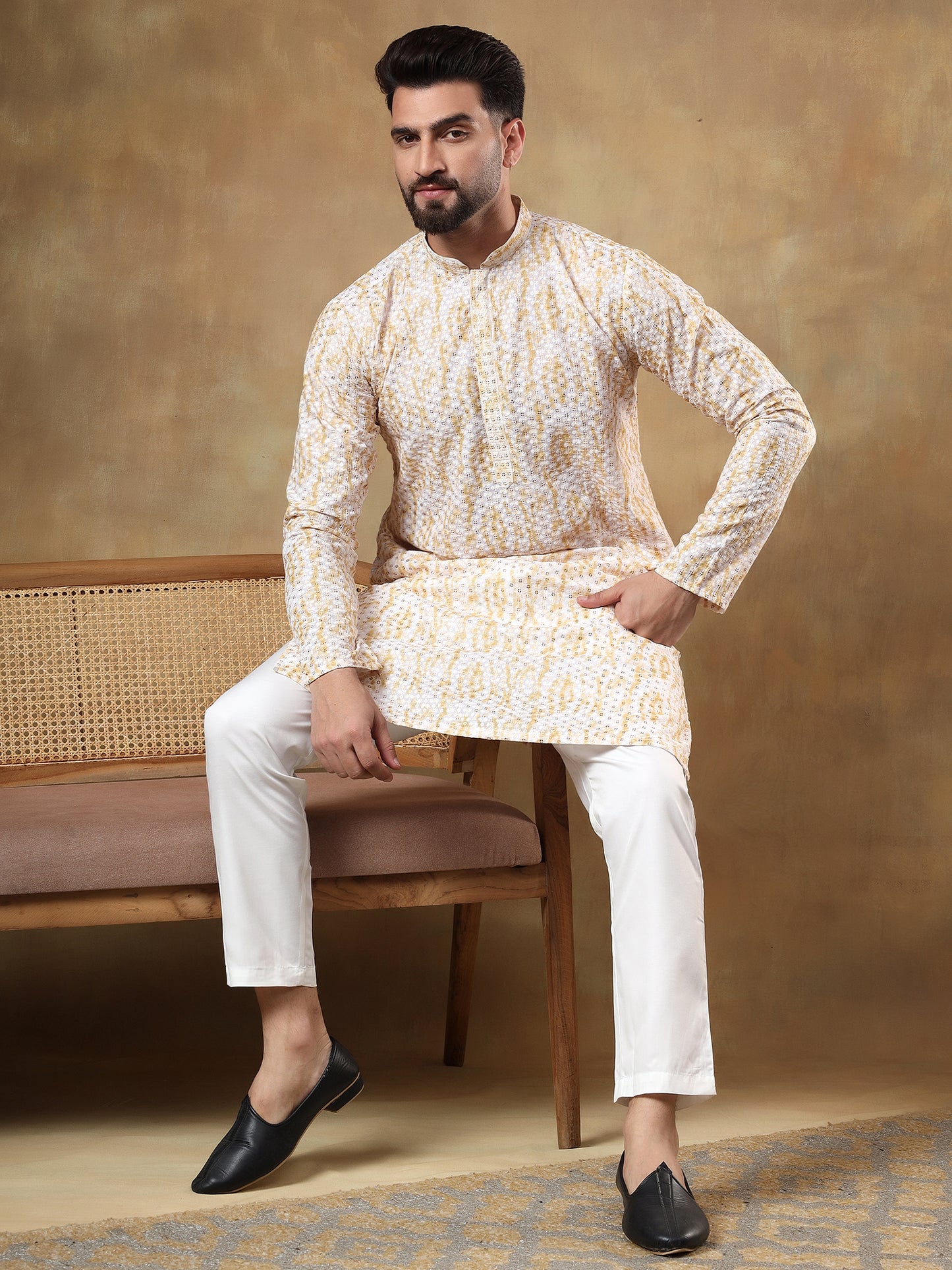 CREAM CHIKANKARI SEQUINNED KURTA WITH MUSTARD PRINT PATTERN