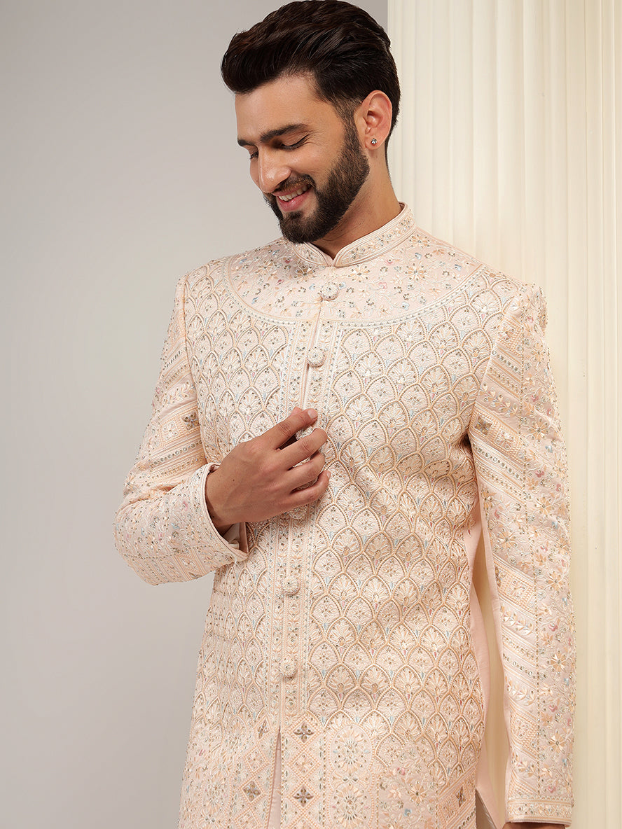 Peach Color Embroidery Sherwani Set