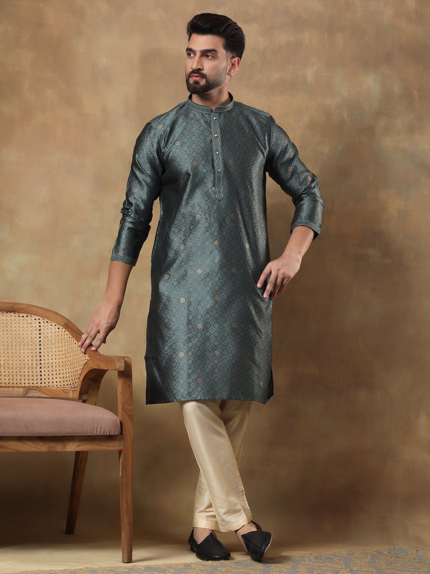 TEAL GREEN JAAL MEDALLION PATTERNED KURTA SET