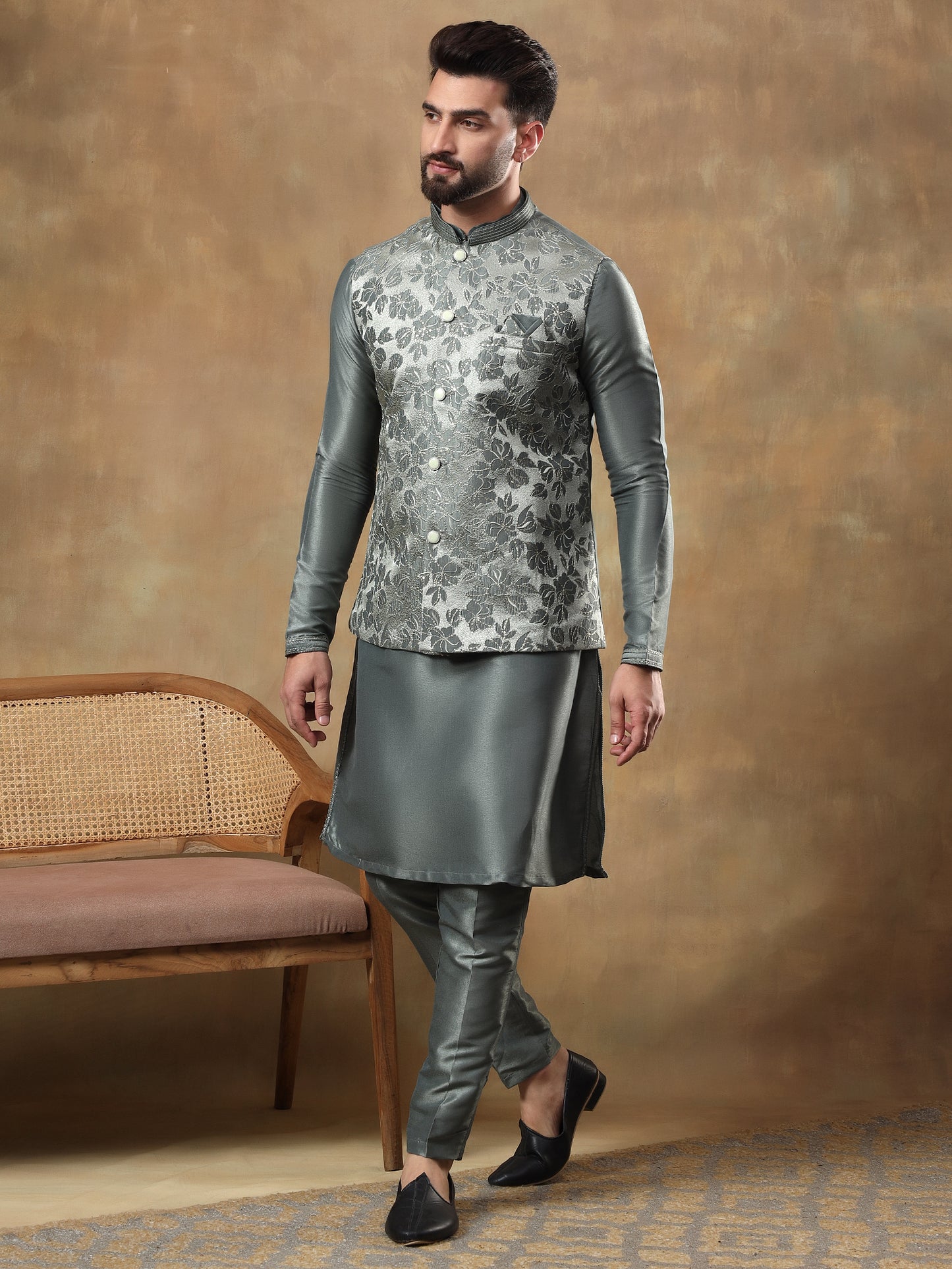 SAGE GREEN FLORAL PATTERNED KURTA JACKET SET