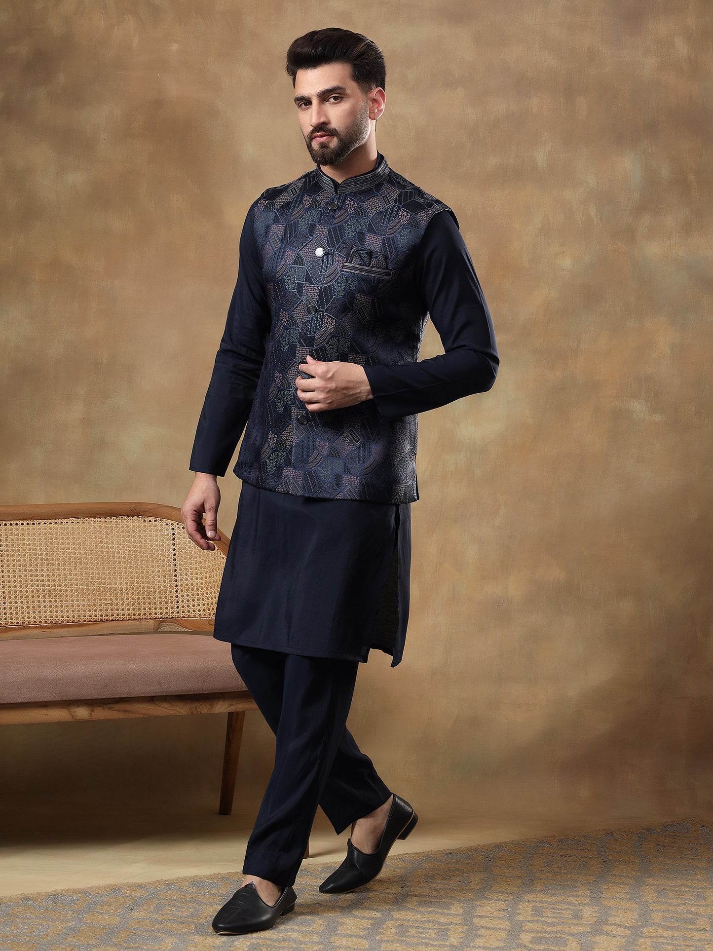 IMPERIAL BLUE GRID PATTERNED KURTA JACKET SET