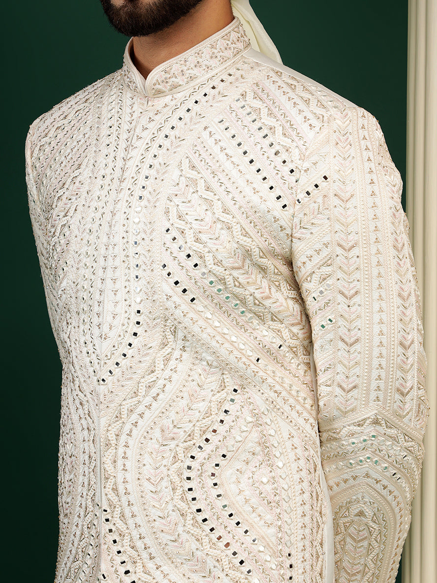 Off White Color Mirror Embellished Sherwani Set