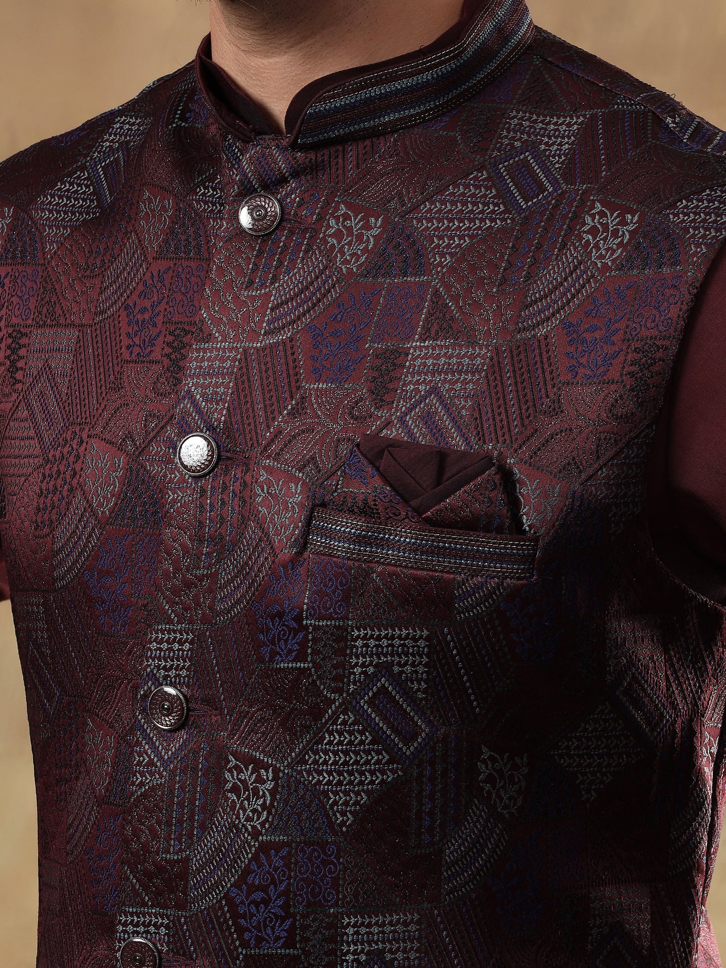 Deep Wine Grid Patterned Kurta Set