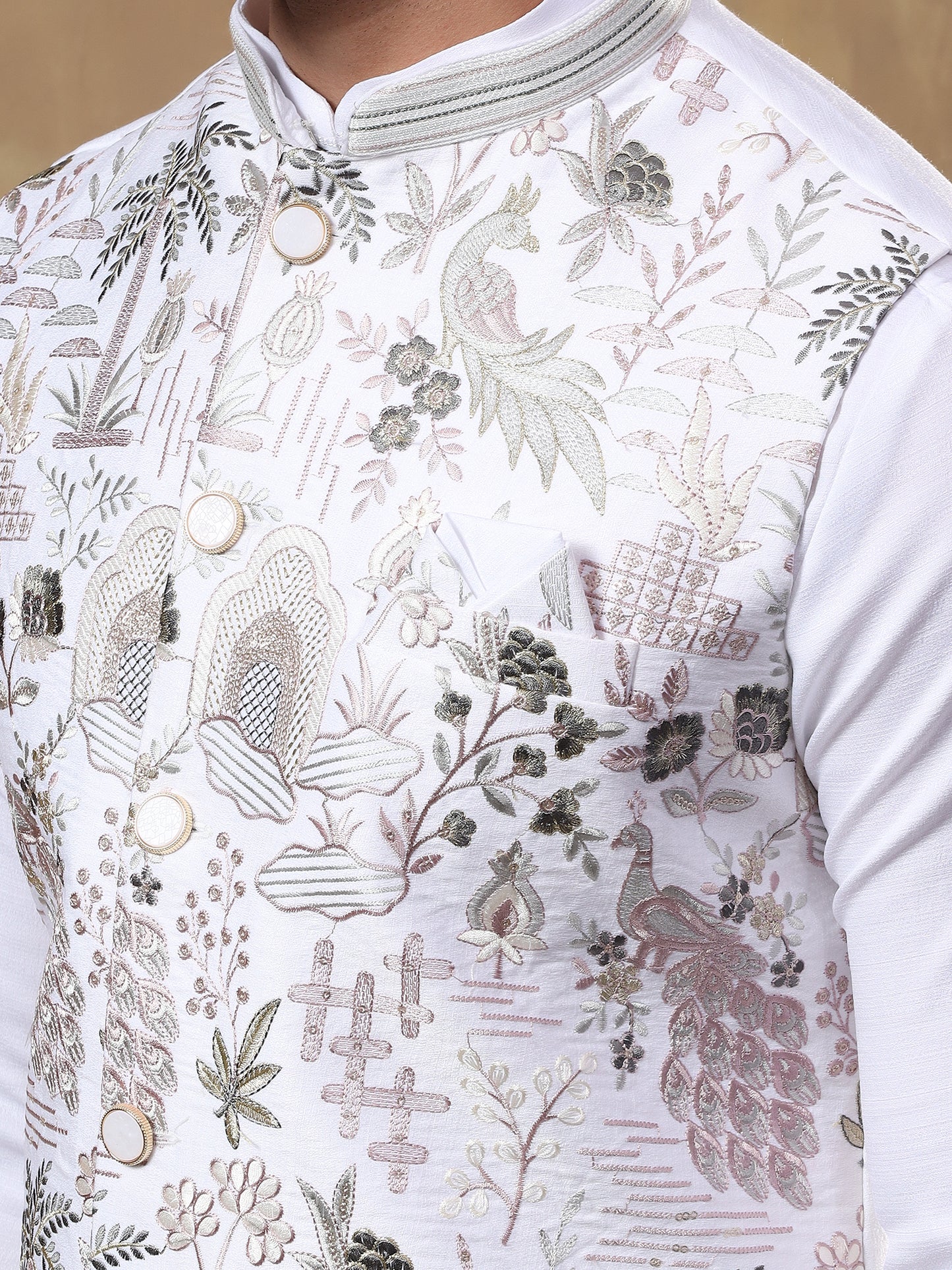 Warm White Peacock Embroidered Kurta Jacket Set