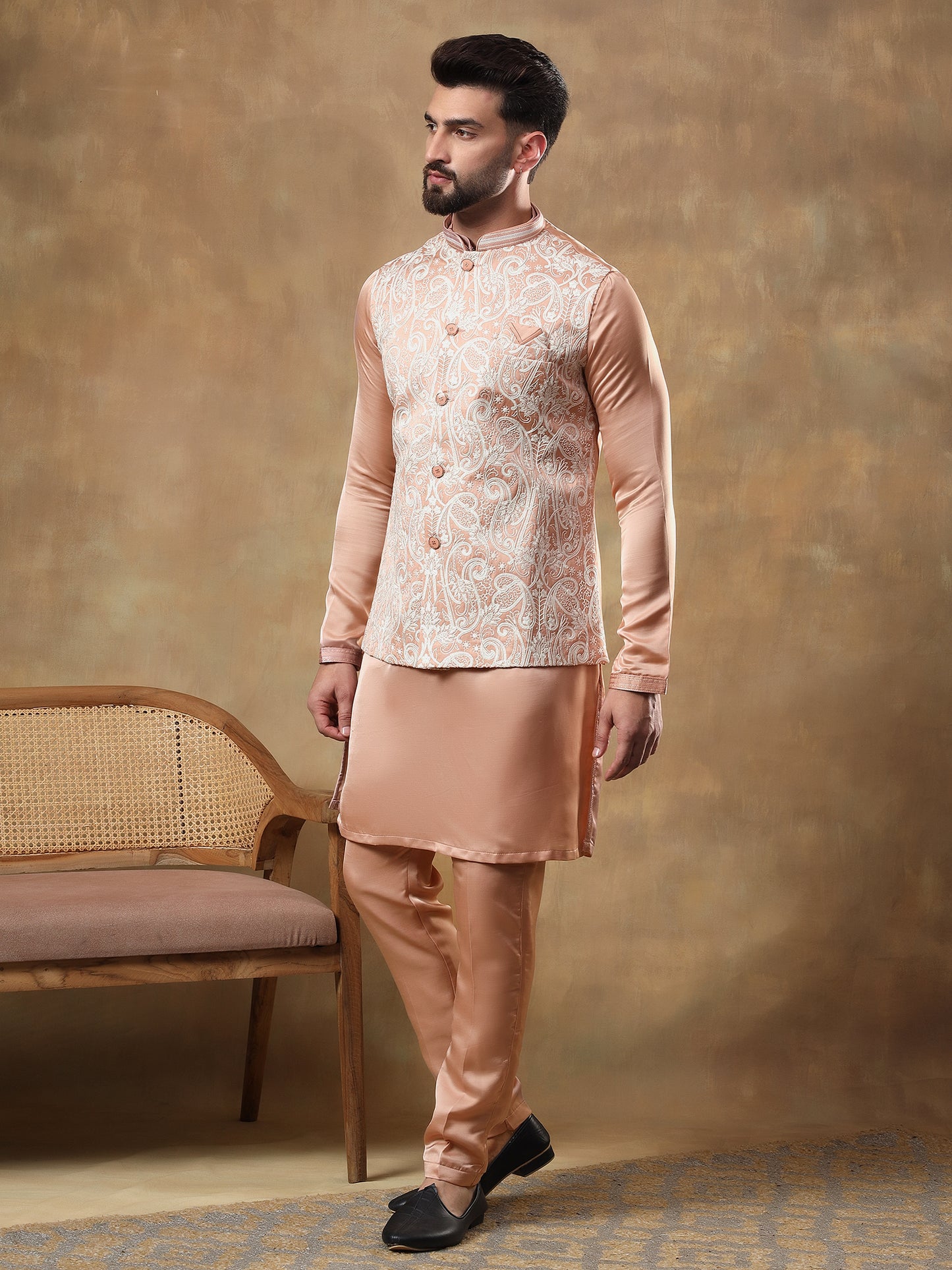 LIGHT PEACH MOTIFS EMBOIDERY JACKET SET WITH PEACH KURTA