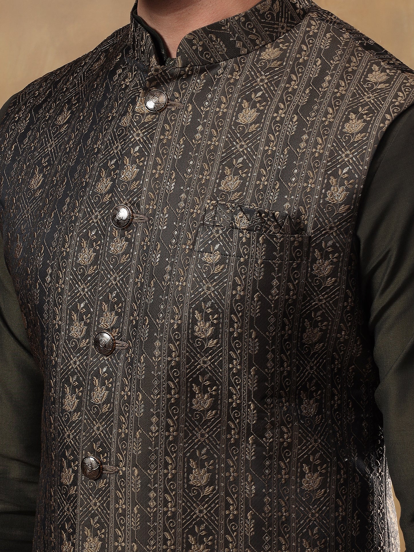 Bottle Green Belbuti Patterned Kurta Jacket Set