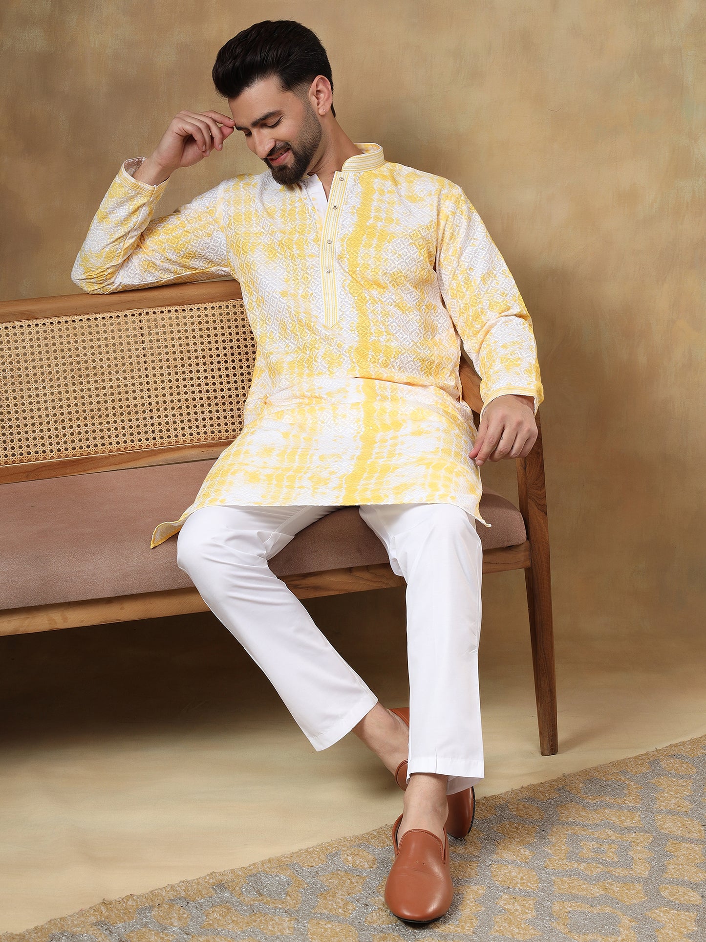 Off White Kurta With Mustard Yellow Print