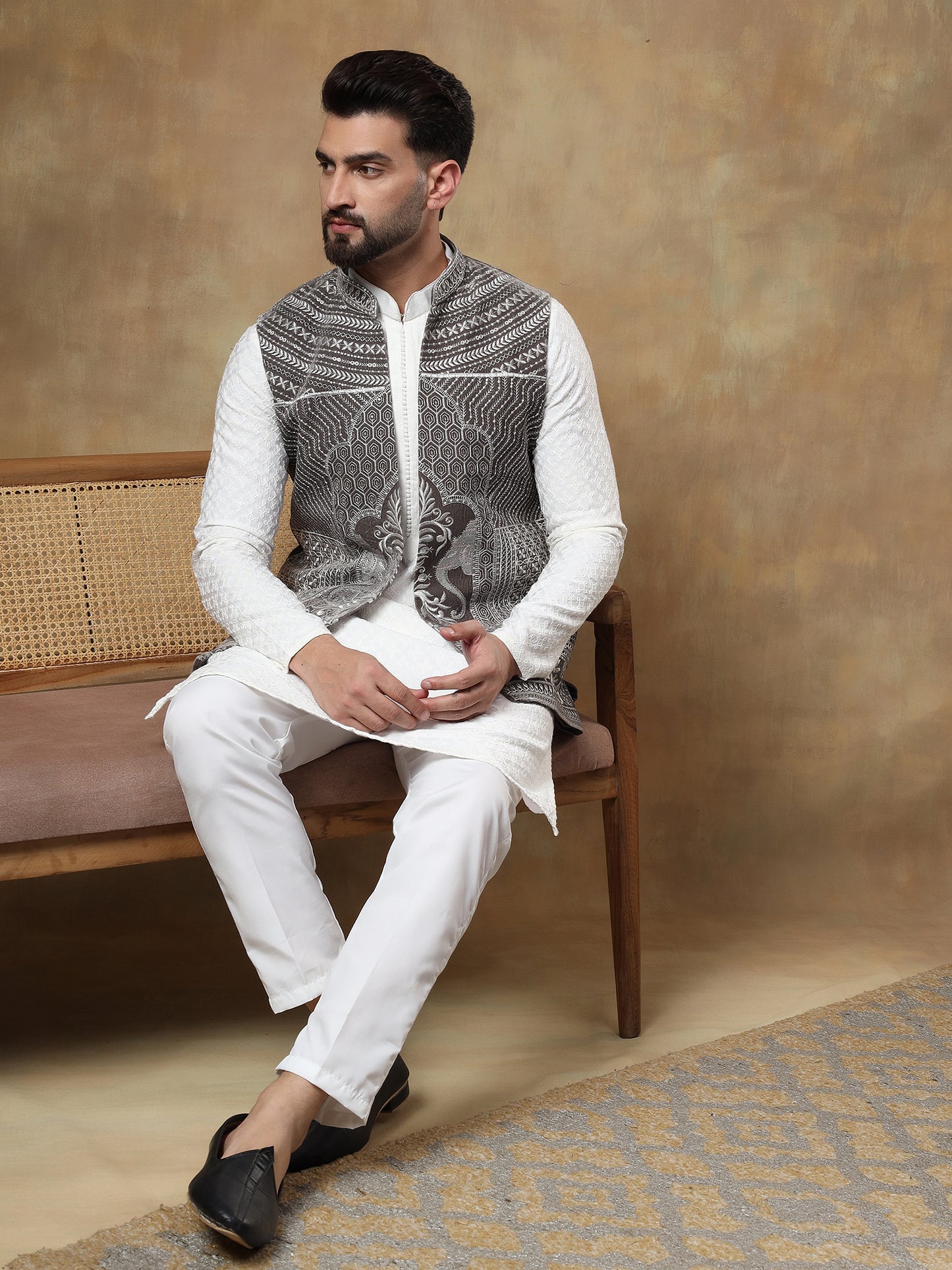 DARK GREY THREAD EMBROIDERED JACKET WITH CHIKANKARI KURTA SET